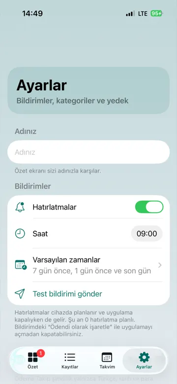 Settings: reminders, notification time 09:00 and default reminder times